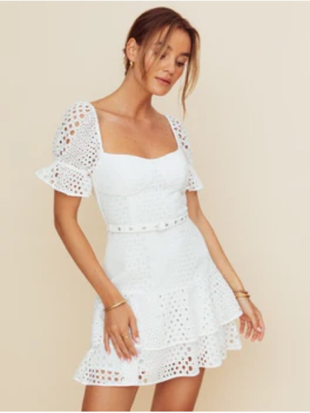Square-Neck White Eyelet Mini Dress with Puff Sleeves